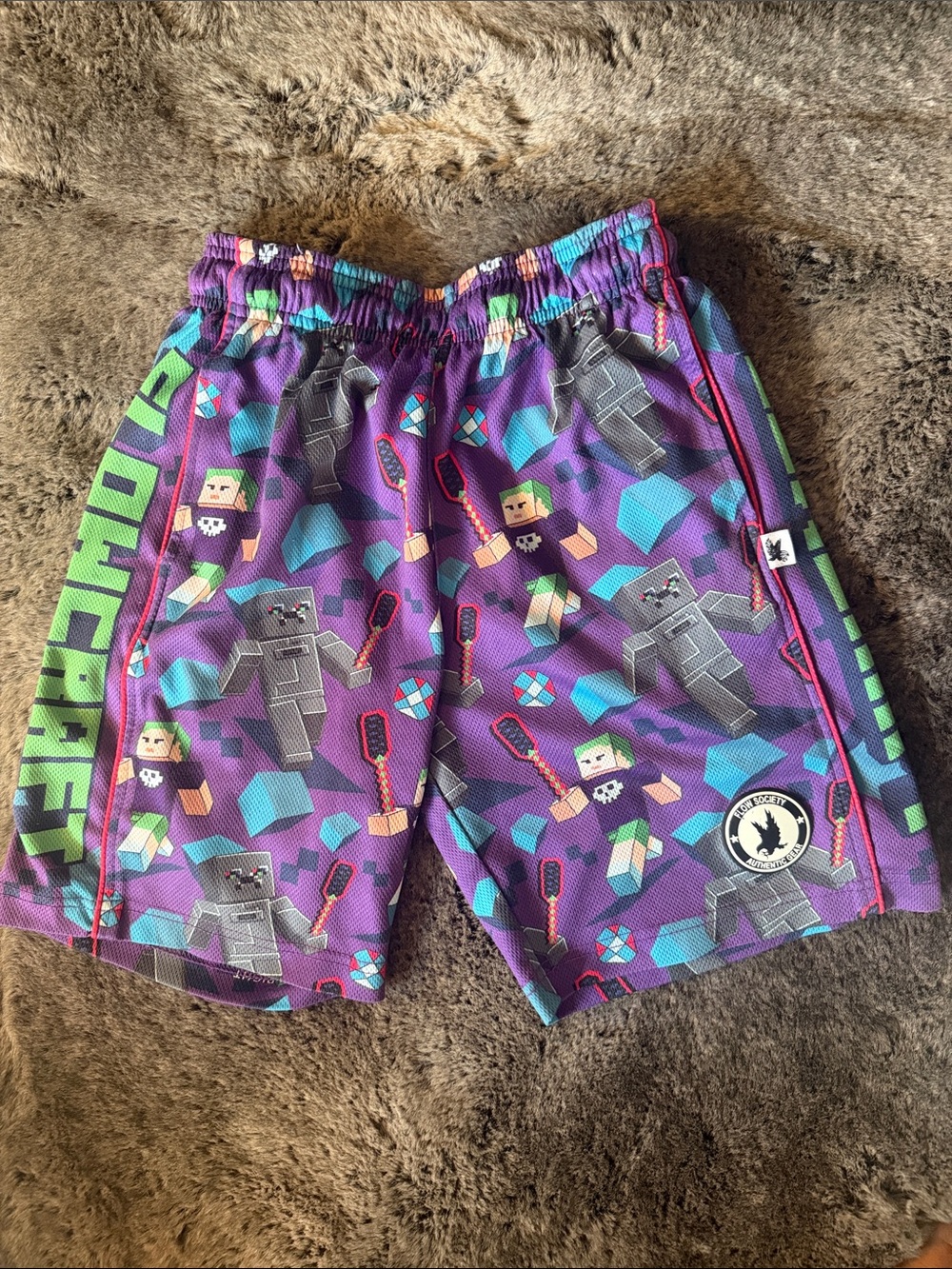 Kids Purple Minecraft Mesh Shorts with Graphic Print